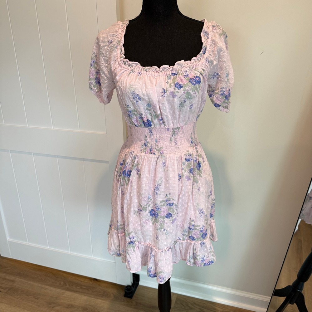 LoveShackFancy Lai Dress Pink Floral Swiss Dot Smocked Mini Dress Size Medium